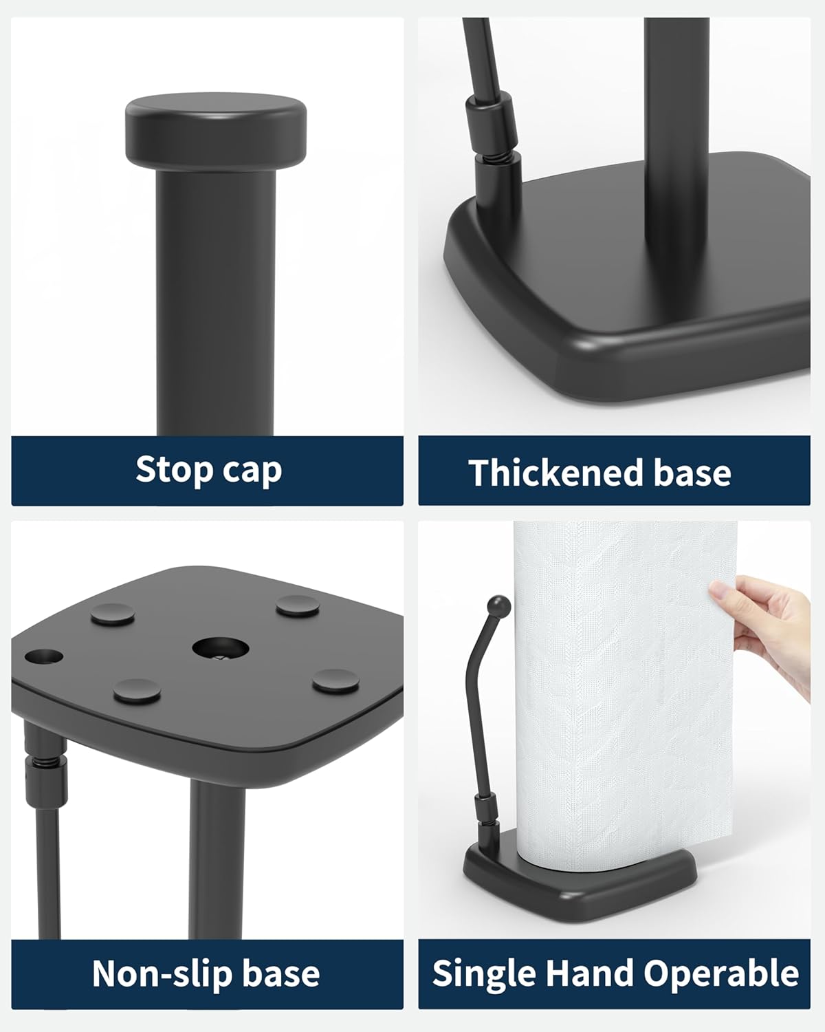 Paper Towel Holder Countertop Black, Paper Towel Dispenser Standing Weighted Base Non-Slip, Spring Arm Fit Most Size Tissue Roll, Stainless Steel Paper Towel for Home Kitchen Tabletop