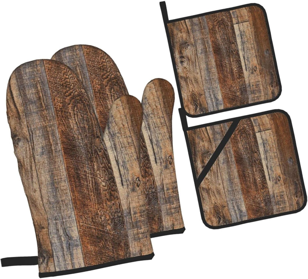 Oven Mitts and Pot Holders Sets of 4,Vintage Brown Wood Splicing Pattern,Oven Mitts Heat Resistant Oven Gloves Set Potholders for Kitchen Baking Grilling
