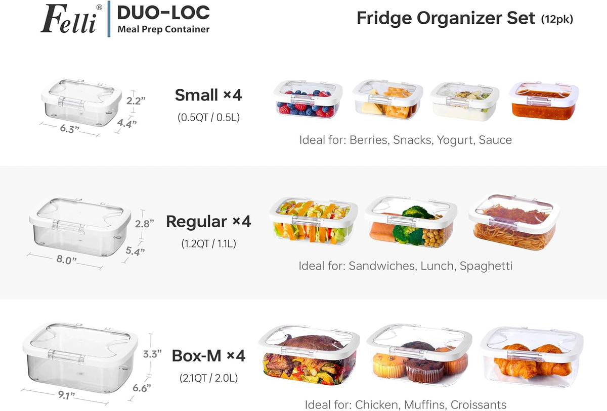 Felli Duo Loc Meal Prep Container Reusable for Fridge, Leak Proof Stackable Kitchen Tupperware Set for Leftovers Food Storage Fruit Travel Lunch Snack, Small & Large Box (Fridge Organizer 12pk)