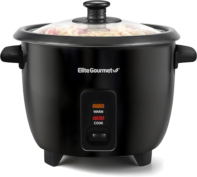 Elite Gourmet Electric Rice Cooker with Steam Tray and Non-Stick Inner Pot Makes Soups, Stews, Grains, Cereals, Keep Warm Feature, 6 Cups Cooked (3 Cups Uncooked), Black