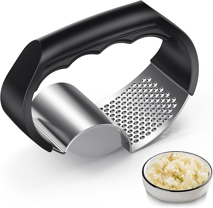 Garlic Press Rocker - Stainless Steel Garlic Crusher, 2-in-1 Easy Kitchen Gadget for Effortless Smashing