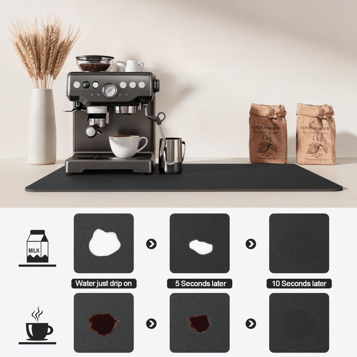 Dish Drying Mat for Kitchen Counter | Coffee Bar Mat for Countertops | Heat Resistant Drainer Mat with Non-slip Rubber Backed | Hide Stain Kitchen Absorbent Draining Mat | Black 18"x32"