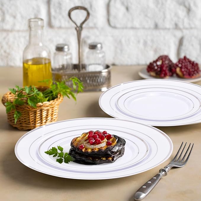 bUCLA 300PCS Silver Disposable Plastic Dinnerware Set - 50 Guests White Silver Disposable Plates Include 50 Dinner Plates,50 Dessert Plates,50 Knives,50 Forks,50 Spoons,50 Cups for Party & Christmas