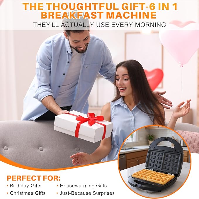 6 in 1 Waffle Iron Set, Panini Press Grill and Electric Sandwich Maker with Removable Non-Stick Plate, Ideal for Cooking Grilled Cheese, Tuna Melts, Burgers