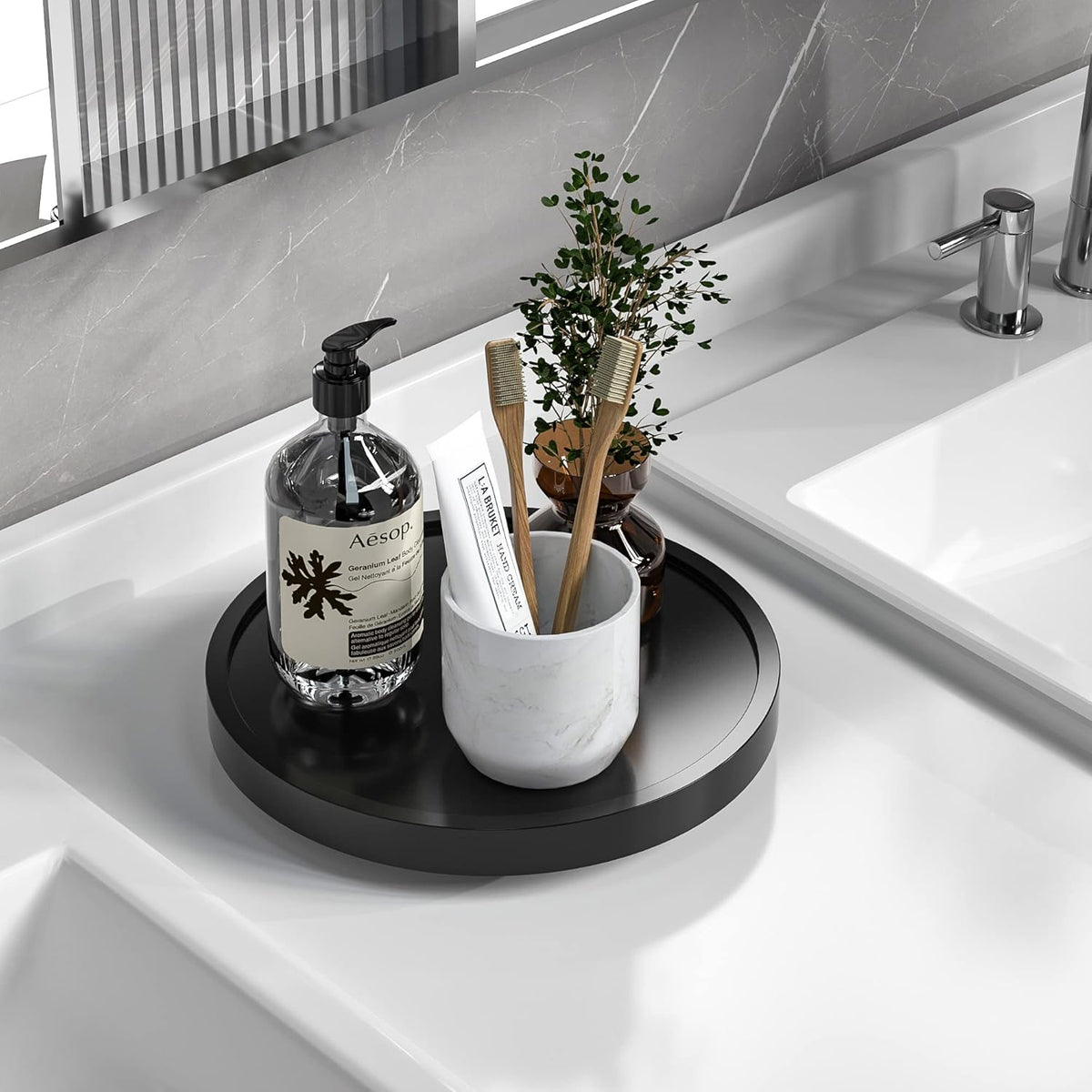 Turntable Vanity Tray 9 Inch for Perfume Candle, Bamboo Kitchen Sink Countertop Organizer for Keep Glass, Sponge and Soap Bathroom Countertop Organizer Black