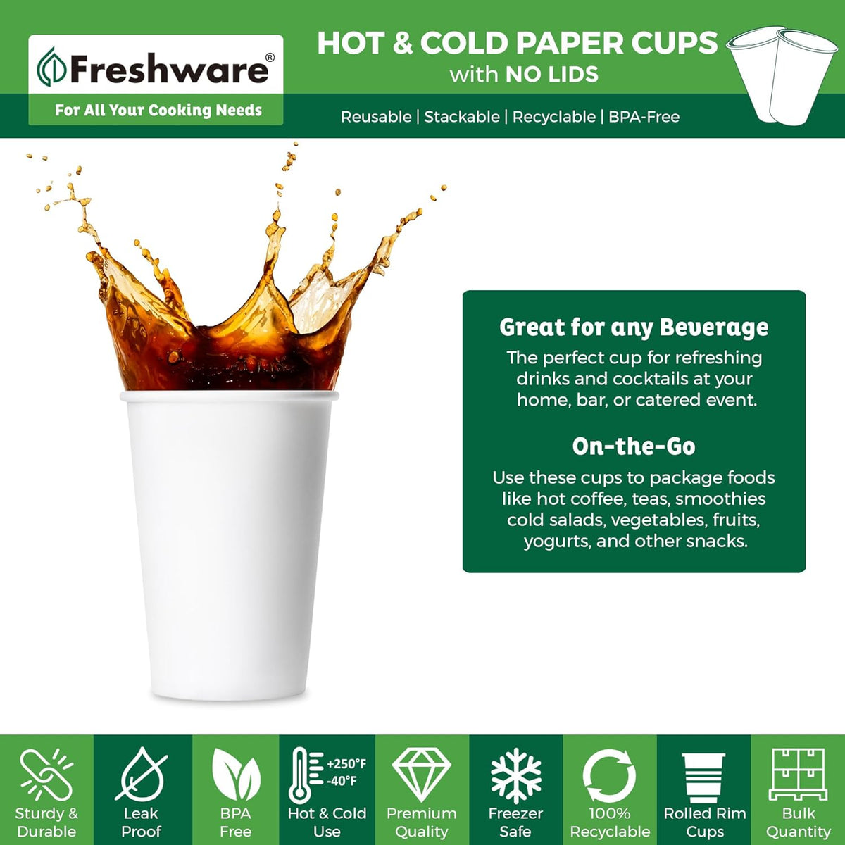 Freshware Coffee Cups 20 oz [1000 Pack] Disposable Paper Cups for Hot or Iced Coffee Cup, Slushie Cup, Milkshakes, Smoothies, and Tea