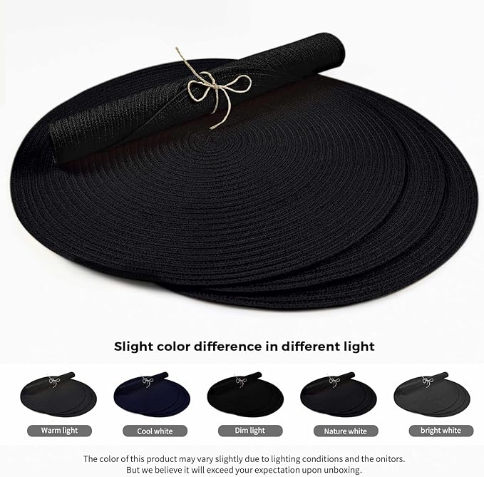FunWheat Round Braided Placemats Set of 6 Place mats for Dining Tables Woven Heat Resistant Table Mats 15 inch (Black,6pcs)