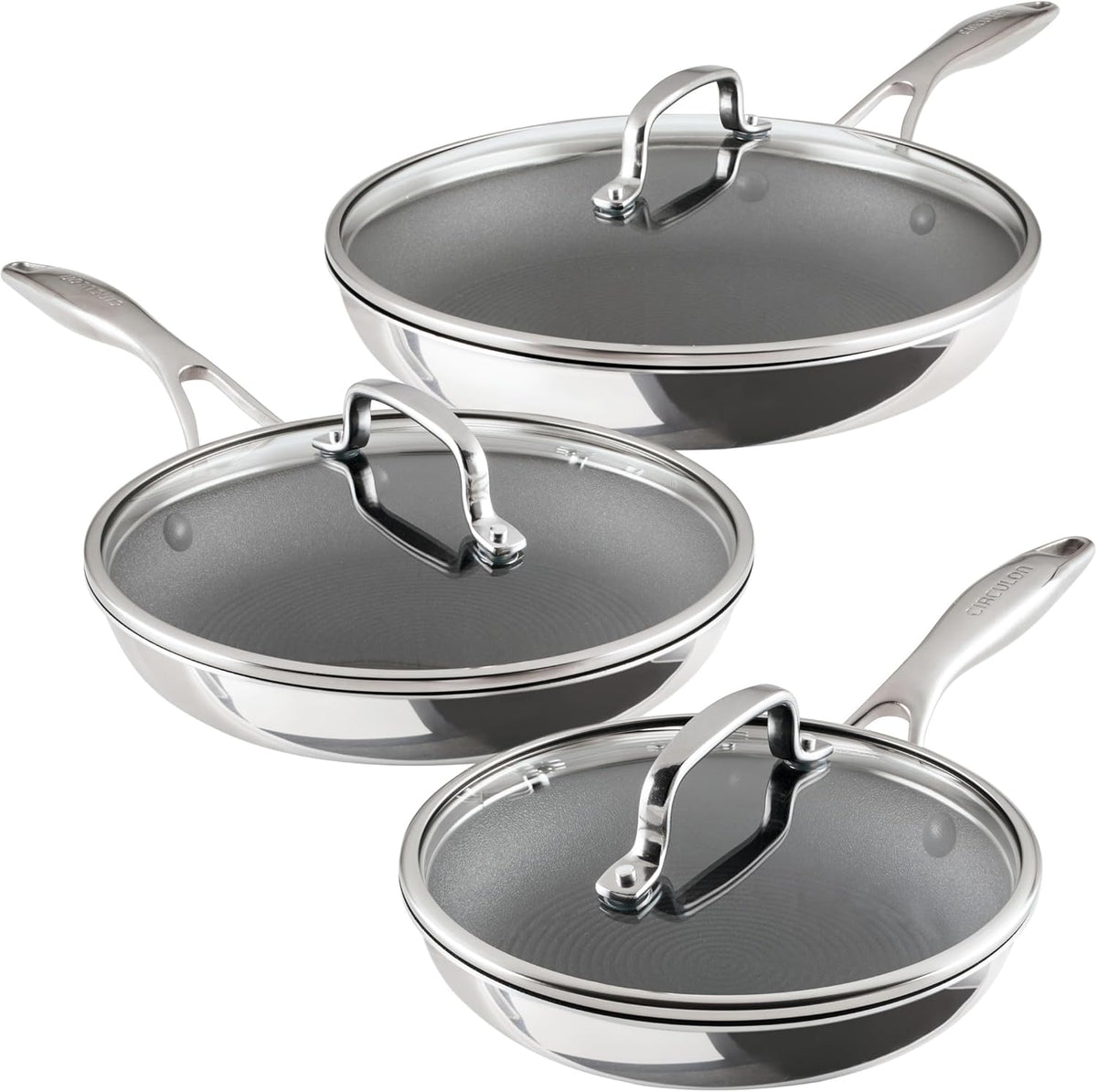 Circulon C1 Series Clad Stainless Steel with ScratchDefense Technology Cookware Nonstick Induction Frying Pans/Skillets with Lids, Metal Utensil Safe, 6 Piece Set - Polished Stainless Steel