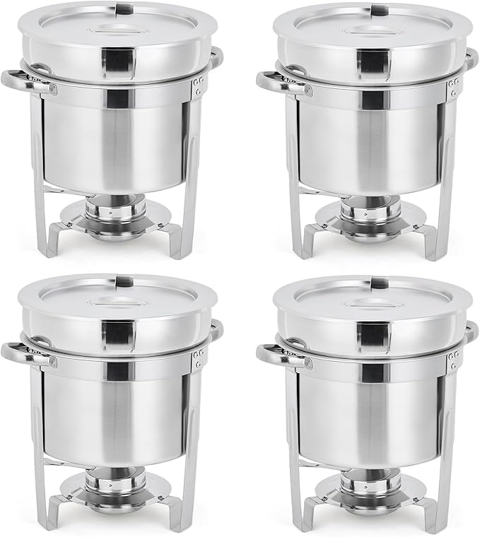 GarveeHome 7QT Soup Chafer Set of 4, Stainless Steel Round Soup Warmer with Pot, Notched Lids & Fuel Holders, Commercial Food Warmer for Buffets, Events and Party Service