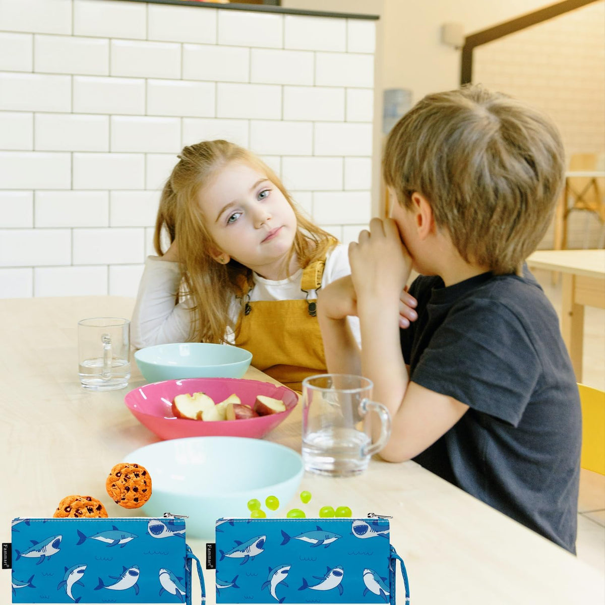 Reusable Sandwich Bag/Snack Bag for Kids & Adults, Dual Layer Lunch Bag with Handle, Washable, Food Safe, BPA Free (2-Pack, Shark)