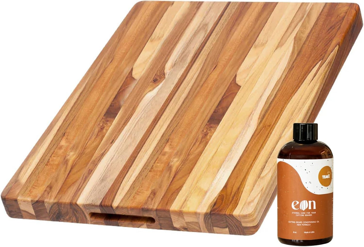 Teakhaus Carving Board and Cutting Board Oil Set - Includes Medium (M) Wood Cutting Board with Grip Handles and EON Food Grade Mineral Oil - Knife-Friendly - FSC Certified