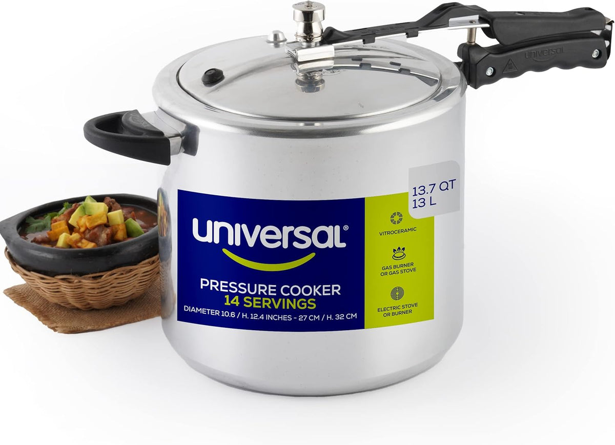 Universal (13.7 Quart / 13 Liter) Pressure Cooker, 14 Servings, Aluminum Pressure Cooker With Multiple Safety Systems and Heat Resistant Handles For Stews, Soup, Meat, and Beans