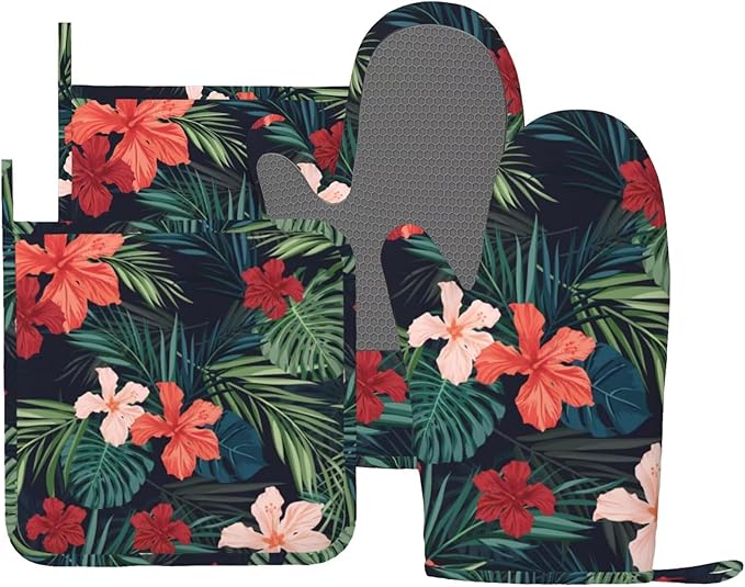 Tropic Hawaiian Hibiscus Flower Oven Mitts Pot Holders Set Silicone Heat Resistant Green Leaves Red Floral Oven Mitts and Hot Pads Potholders Non-Slip Oven Gloves for Cooking Baking Grilling