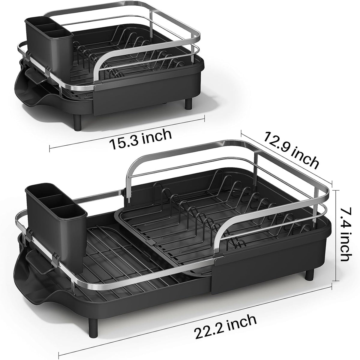 SAYZH Dish Drying Rack - Expandable Dish Rack for Kitchen Counter, Rust-Resistant Dish Drainer with Utensil Holder and Raised Guardrail, Kitchen Organizer for Cup and Bottle (Black)