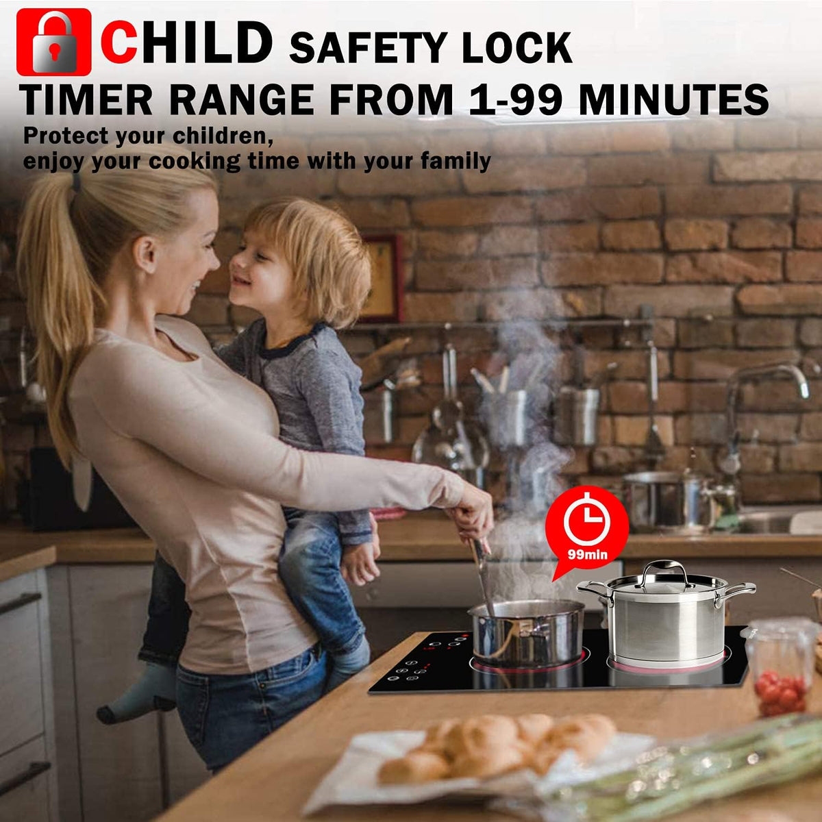 Karinear 2 Burner Electric Cooktop 12 Inch, Drop-in Electric Radiant Cooktop 220v - 240v with Child Safety Lock, Timer, Residual Heat Indicator, 3200W, Hard Wired, No Plug Electric Stove Top