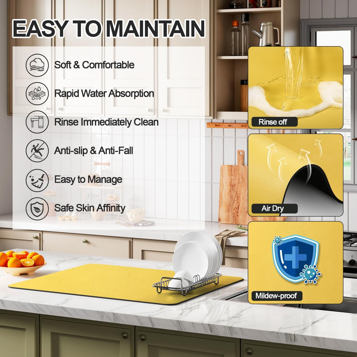 Dish Drying Mat for Kitchen Counter | Coffee Bar Mat for Countertops | Heat Resistant Drainer Mat with Non-slip Rubber Backed | Hide Stain Kitchen Absorbent Draining Mat | Yellow 18"x28"