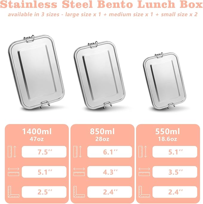 TeamFar Stainless Steel Bento Box, 4 Pack (16 * 2, 28 & 47oz) Metal Lunch Box with 3 Compartments for Adults Kids, Lunch Food Containers for School/Work/Meal Prep, Leak-Proof, 550ML*2+850ml+1400ML