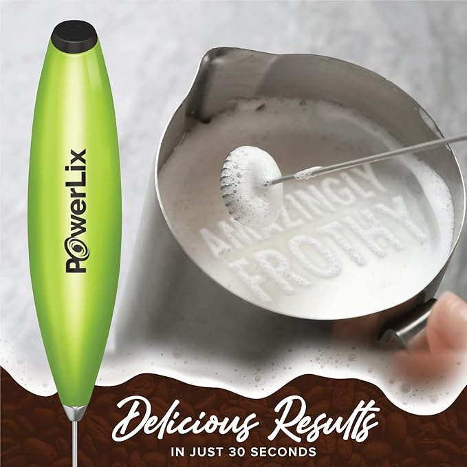 PowerLix Powerful Handheld Milk Frother With Stand Battery Operated Foam Maker Frother Wand For Coffee (A Black) (Green)