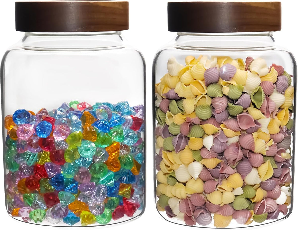 Glass Coffee Jars Spice Jar Round Storage Canister with Wooden Lid Clear Glass Food Jar for Pantry Sugar Tea Coffee Bean Spice Nuts Cookies Bath Salts (1800ml/60oz-2PACK（with spoon))