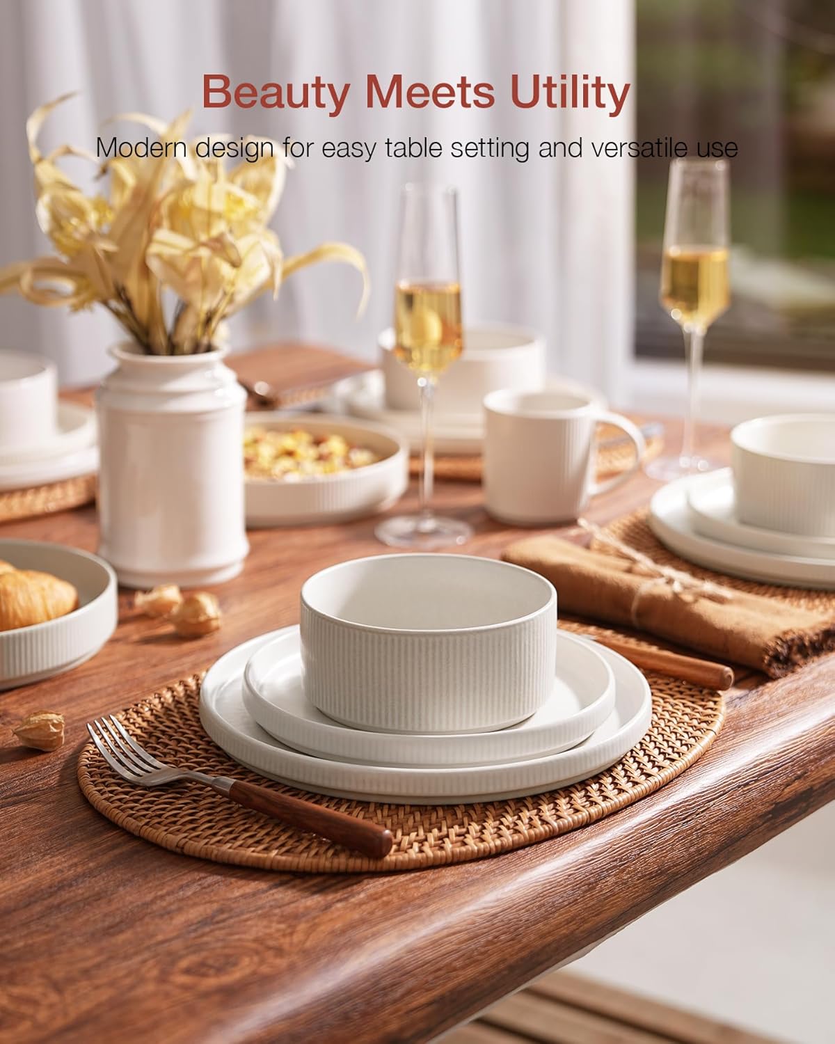Famiware Star Dinnerware Set with Pasta Bowls, Service for 4 (16pcs), Ribbed Stoneware Plates and Bowls Dishes Sets - Chip & Scratch Resistant, Microwave & Dishwasher Safe, Matte White