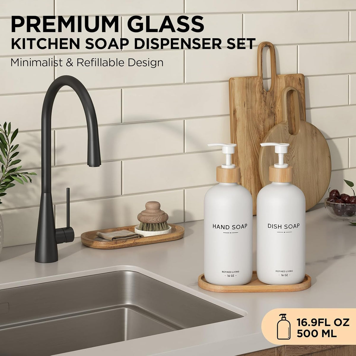 Hand and Dish Soap Dispenser Set,16oz Glass Bottles with Printed Labels, Bamboo Tray & Pump,Countertop Soap Dispensers for Kitchen,Luxury, Minimalist & Farmhouse Decor (Hand Dish (White))