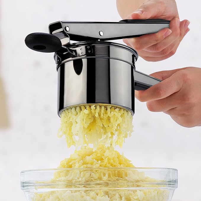 Zulay Kitchen Large 15oz Potato Ricer, Heavy Duty Stainless Steel Potato Masher and Ricer for Mashed Potatoes, Mashed Potato Masher & Potato Press Gadget for Perfect Mashed Potatoes - Metallic Black