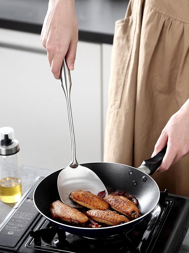 304 Stainless Steel Cooking Utensils Set 4 Piece 15 Inch Large Size Metal Kitchen Utensils Set Including Spatula,Ladle,Serving Spoon,Meat Fork,Stainless Steel Cooking Tools