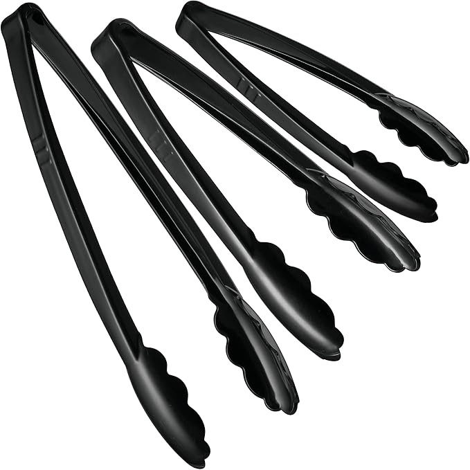 Plasticpro Heavy Duty Reusable Black Serving Tongs Combo Set - 4 Pieces (7.5'', 9'', 12'') for Kitchen, BBQ, Parties, Catering, Events, Weddings - Pack of 12