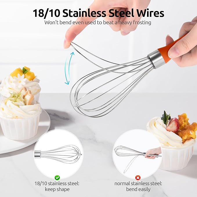 U-Taste 9" Small Egg Whisk: 18/10 Stainless Steel Kitchen Cooking Wire Balloon Wisk, Heavy Duty Metal Beater Stirrer, Manual Baking Tool with 6 Flex Wires for Hand Mixing, Blending Sauce (Orange)
