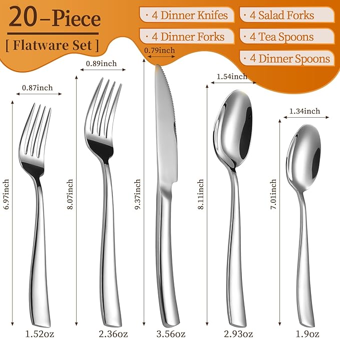 20-Piece Silverware Set, Heavy Duty Stainless Steel Flatware Cutlery Set Service for 4, Food-Grade Utensil Sets for Home Restaurant, Dishwasher Safe