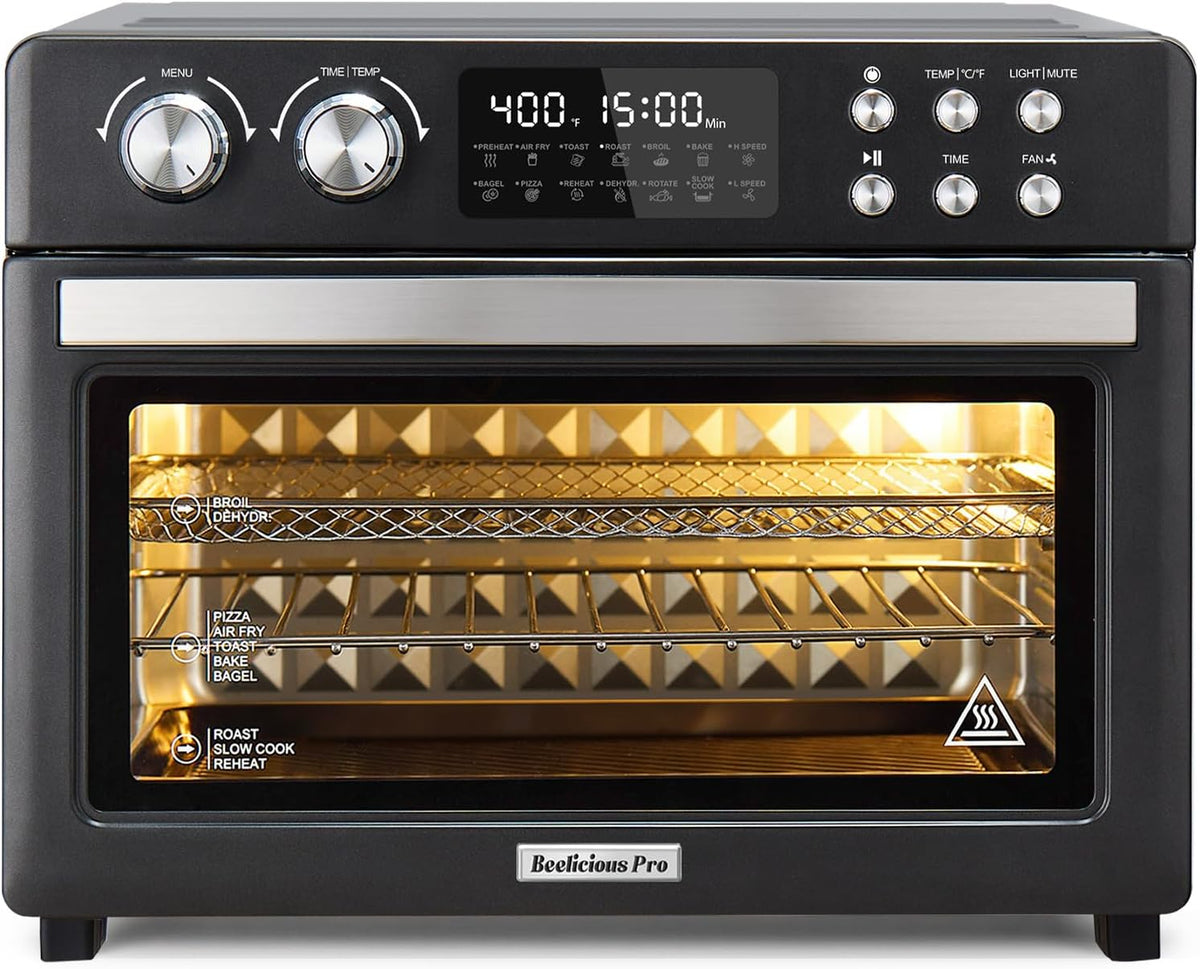 28QT Air Fryer Toaster Oven Combo, Large 12-in-1 Convection Countertop Oven with Next-Gen HeatWave Convection, 3-Layer Cooking, Rotisserie for Chicken, Fits 11" Pizza, Full Accessories, Sparkle Black