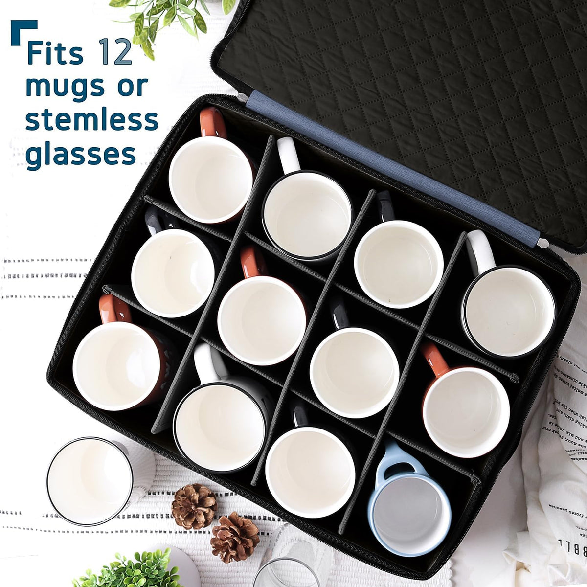 Fine China Storage Containers, 5 Piece Quilted Dish Storage Containers, Mug, Cup, and Plate Dish Organizer with Felt Dividers, Service of 12 Dinnerware Boxes for Moving, Seasonal Organization, Blue
