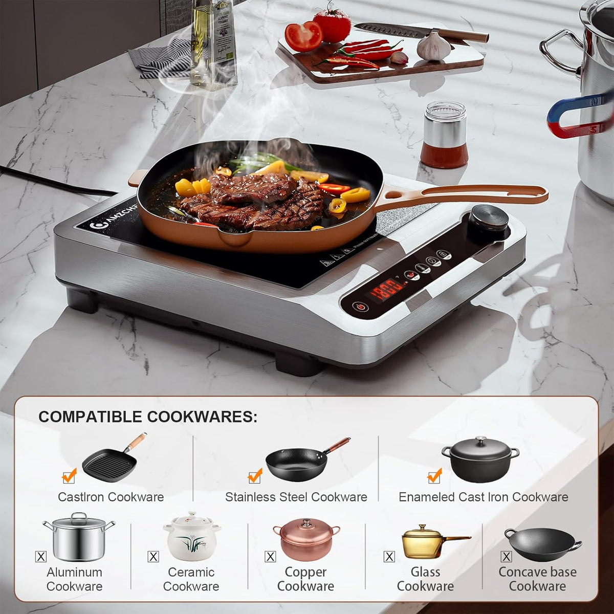 Induction Cooktop, 1800W Commercial Induction Burner, 7.3” Heating Coil Professional Countertop Stove Burner, Hot Plate 3 Hours Timer, 18 Levels Temperature & Power