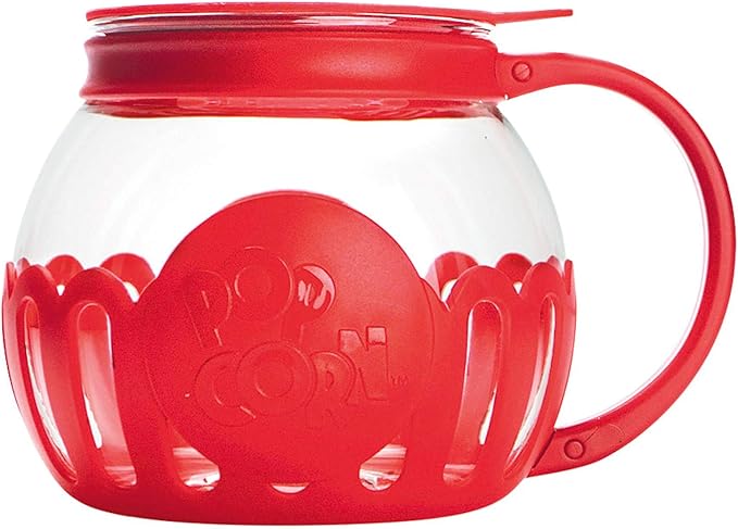 Ecolution Patented Micro-Pop Microwave Popcorn Popper with Temperature Safe Glass, 3-in-1 Lid Measures Kernels and Melts Butter, Made Without BPA, Dishwasher Safe, 1.5-Quart, Red