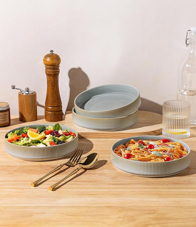 theterra 7.5'' Ceramic Pasta Bowls, Salad Bowls Set of 4, Stoneware Serving Bowls for Fruits, Noodle, Dinner, House-warming Wedding Present, Desert Sage
