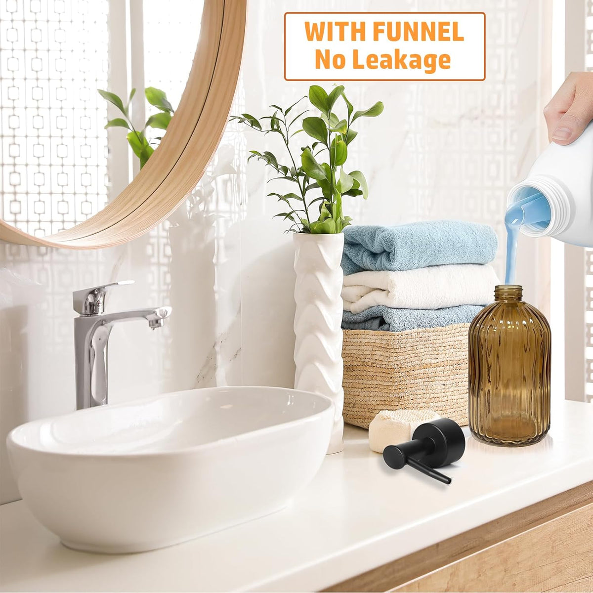 14Oz Black Pump Glass Soap Dispenser, Brown Stripe Countertop Refillable Liquid Bottle Hand Dish Lotion Dispenser with Plastic Pump, for Kitchen, Bathroom