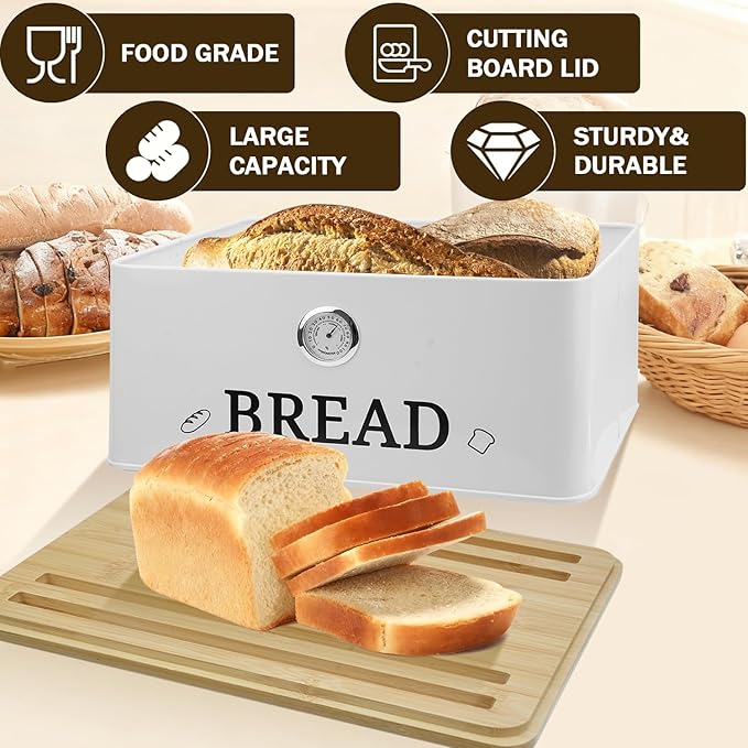 White Bread Box for Kitchen Countertop with Bamboo lid, Hygrometer Kitchen Organizer for Sourdough, Buns, and Loaves, Bread Storage Container with Cutting Board Lid