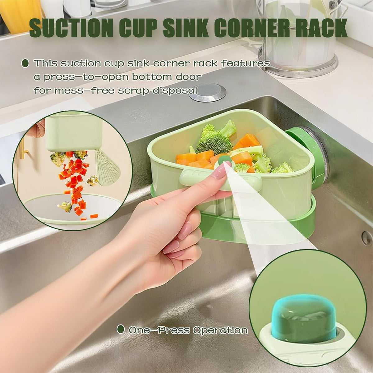 2PCS Suction Cup Sink Corner Racks, Corner Sink Strainer, Sink Corner Rack Strainer with Automatic Press-To-Dump Design, Sink Strainer Basket with Duty Dish Sponge, Multifunctional Food Waste Catcher.