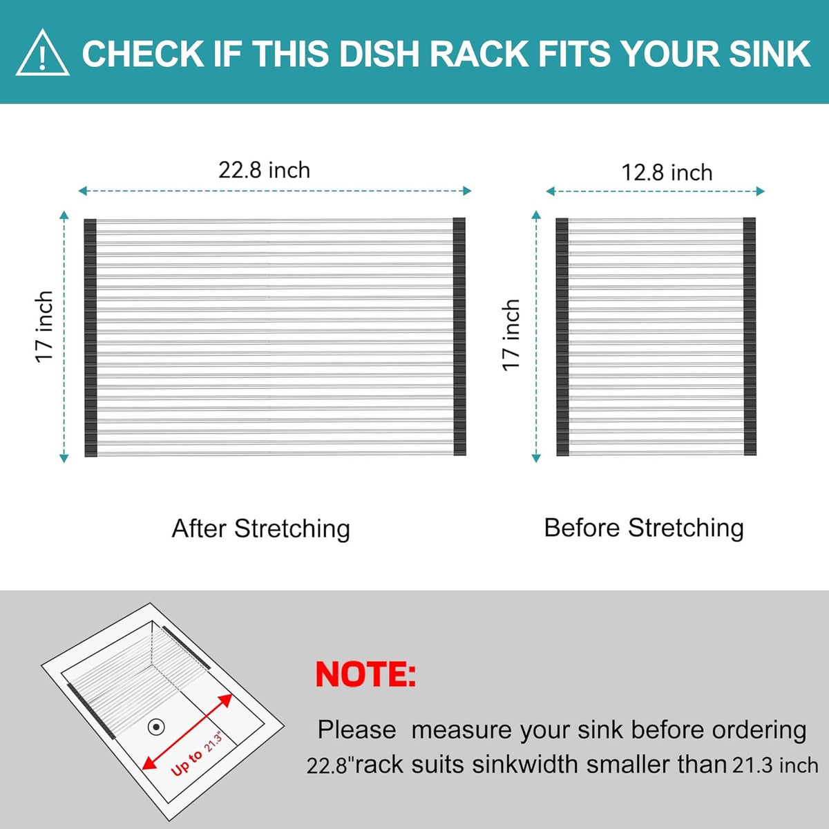 BBXTYLY Extra Large Expandable Roll Up Dish Drying Rack,Over The Sink Drying Rack Sink Cover Kitchen Sink Accessories Kitchen Rolling up Stainless Steel Drainer, Foldable,Rollable（Black，22.8''-17''）