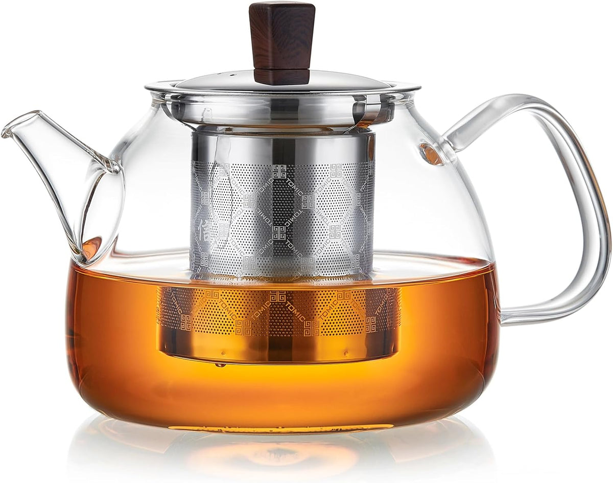 34OZ/1000ml Glass Teapot with Stainless Steel Infuser, Drip-Free Spout, and Wooden Knob Lid – Stovetop Safe Borosilicate Tea Kettle for Loose Leaf and Herbal Tea Brewing