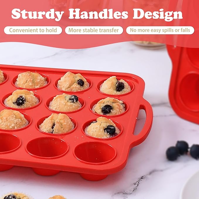 2 Pack Mini Silicone Muffin Pan with Metal Frame, Non-stick Regular Silicone Cupcake Pan with Handles 24 Cup, Silicon Muffin Tin Tray for baking, egg bites, Cupcake Mold, BPA Free Red