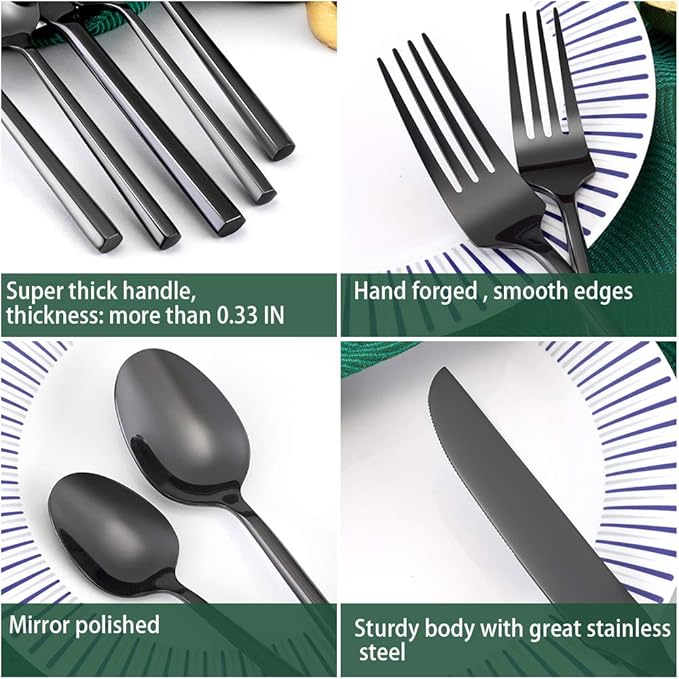 Hand Forged Stainless Steel Flatware Set Silverware Set Cutlery Set Hexagon Handle Black Mirror Finished 20 Pieces Service for 4