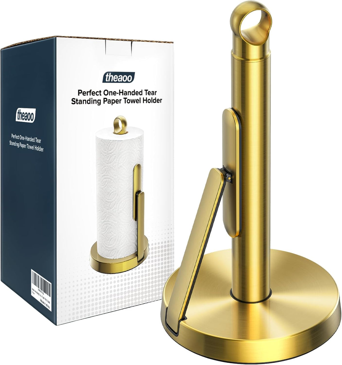 theaoo Heavy-Duty Stainless Steel Paper Towel Holder with Tension Arm – Easy One-Handed Tear, Modern Standing Countertop Dispenser for Kitchen, Holds All Paper Towel Rolls (1, Gold)
