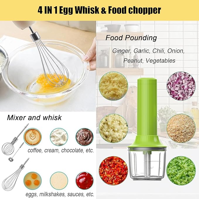 4-in-1 Cordless Hand Mixer with Whisk and Forther Wand,Electric Whisk, Milk Frother, Handheld Frother, hisker, Stirrers Electric,Coffee Frother,Food Chopper, Baby Food Maker,4-Speed, 10Oz