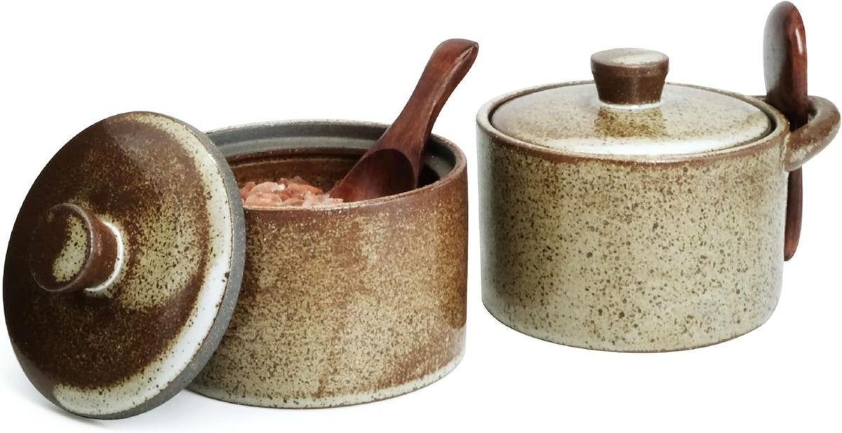Handcrafted Speckled Ceramic Salt Cellar with Wooden Spoon, Rustic Vintage Spice Jar, Dishwasher Safe, 8.45 fl oz (Peckled Ceramic set of 2)
