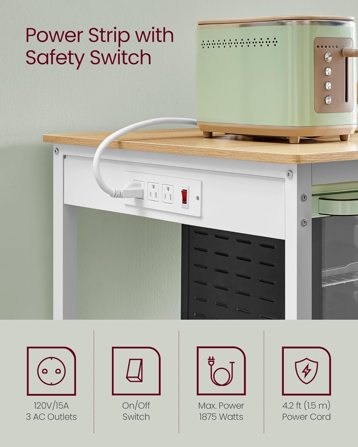 VASAGLE Kitchen Island with 3 Shelves, Kitchen Shelf with Power Strip, 23.6 x 39.4. x 34.9 Inches, Large Worktop, Steel Structure, Industrial, Easy to Assemble, Oak Color and White UKKI105Y01