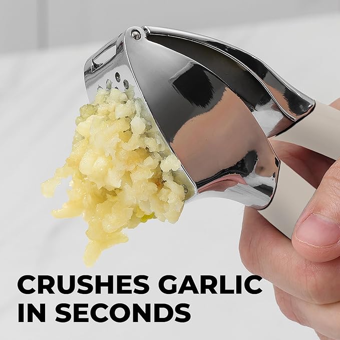Zulay Kitchen Comfort Grip Garlic Press - Garlic Mincer Tool - Garlic Crusher - Garlic Press Mincer Rust Proof, with Soft Ergonomic Handle, Easy Clean Set with Peeler and Brush - Gray
