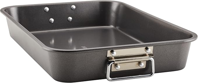 Farberware Bakeware Nonstick Steel Roaster with Flat Rack, 11-Inch x 15-Inch, Gray