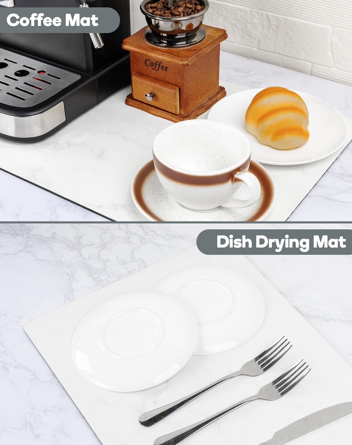 SUEH DESIGN Coffee Mat, Absorbent Dish Drying Mat 19.6 x 11.8 in Quick Dry Coffee Mat Large Drying Mats for Kitchen Counter Coffee Bar, Marble White