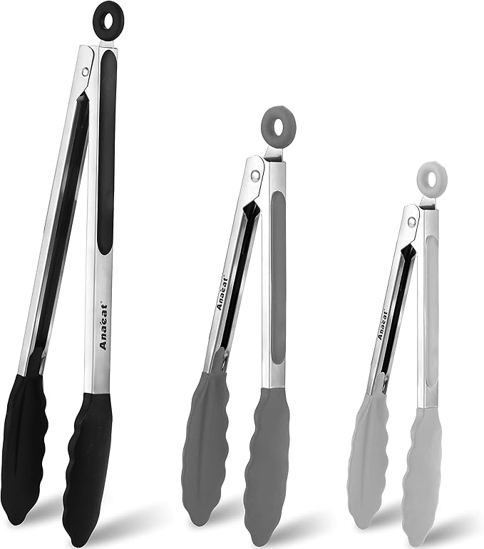 Anaeat Non-Stick Silicone Locking Tong Set of 3 - Stainless Steel 7, 9 and 12 inch Kitchen Food Tongs with Non-Slip Silicone Tips and Grip for Cooking, Baking and BBQ - Heavy Duty & Heat Resistant